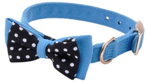 Coastal Pet Accent Microfiber Dog Collar Boho Blue with Polka Dot Bow 5/8" Wide (Size: Medium)